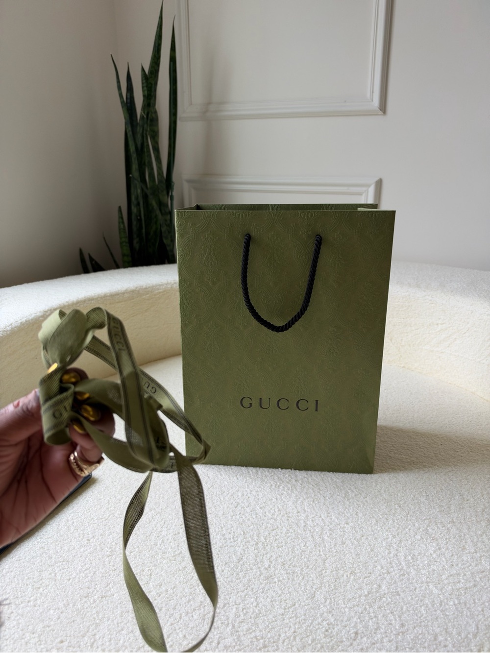 Gucci Olive Green Shopping Gift Bag & Ribbon Small Medium